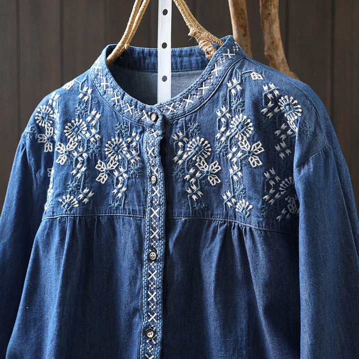 Camisa vaquera de algodón con bordado floral geométrico de Buddha Stones y manga larga con botones para mujer - image 18