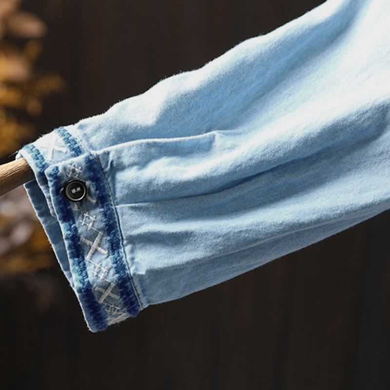 Camisa vaquera de algodón con bordado floral geométrico de Buddha Stones y manga larga con botones para mujer - image 10