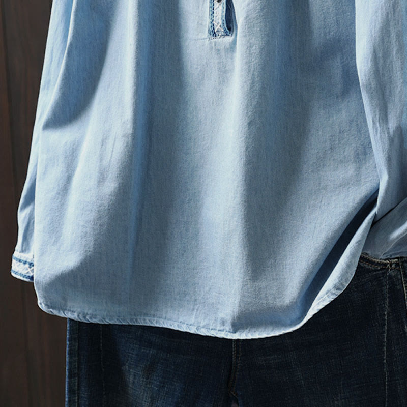 Camisa vaquera de algodón con bordado floral geométrico de Buddha Stones y manga larga con botones para mujer - image 12