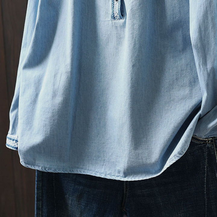 Camisa vaquera de algodón con bordado floral geométrico de Buddha Stones y manga larga con botones para mujer - image 12