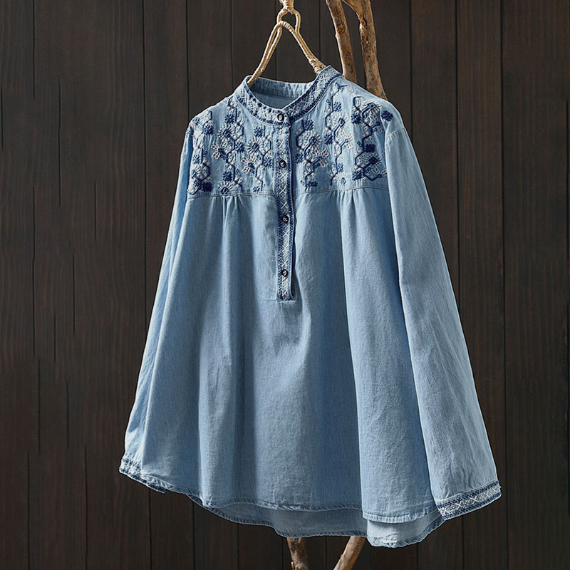 Camisa vaquera de algodón con bordado floral geométrico de Buddha Stones y manga larga con botones para mujer - image 2