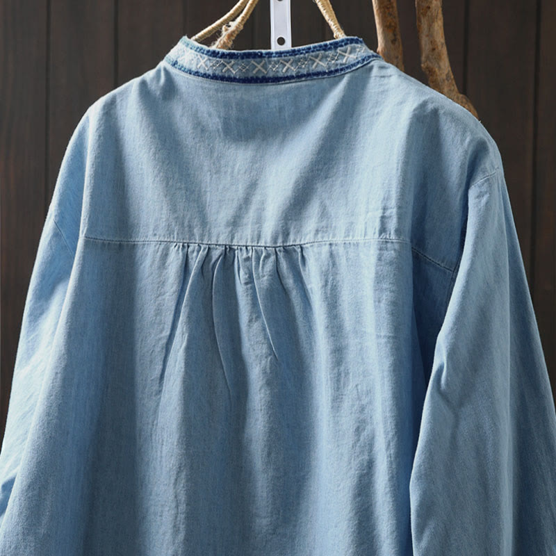 Camisa vaquera de algodón con bordado floral geométrico de Buddha Stones y manga larga con botones para mujer - image 4