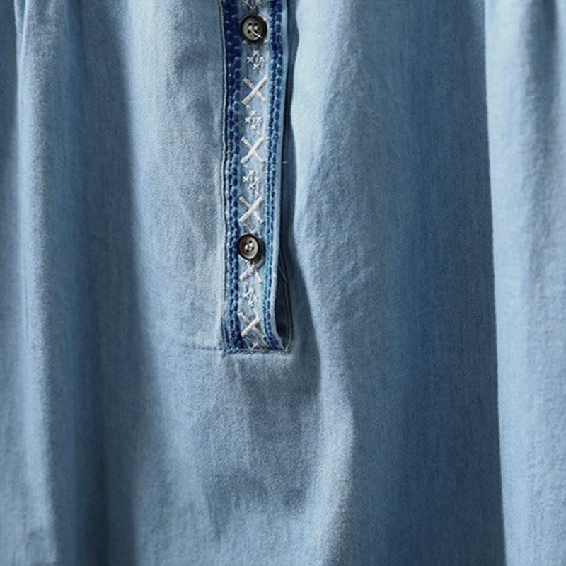 Camisa vaquera de algodón con bordado floral geométrico de Buddha Stones y manga larga con botones para mujer - image 6