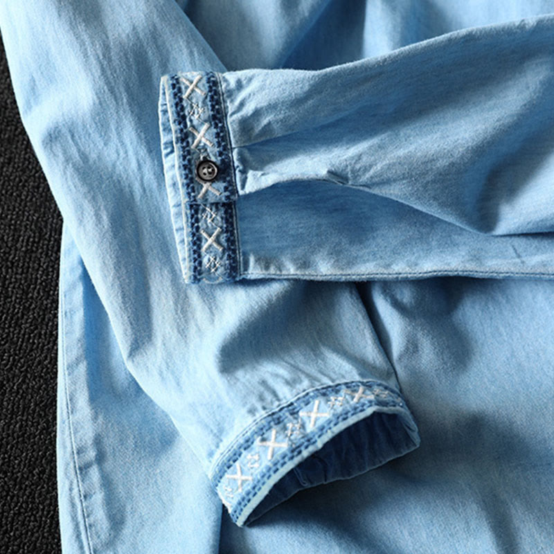 Camisa vaquera de algodón con bordado floral geométrico de Buddha Stones y manga larga con botones para mujer - image 11