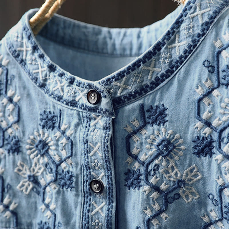 Camisa vaquera de algodón con bordado floral geométrico de Buddha Stones y manga larga con botones para mujer - image 5