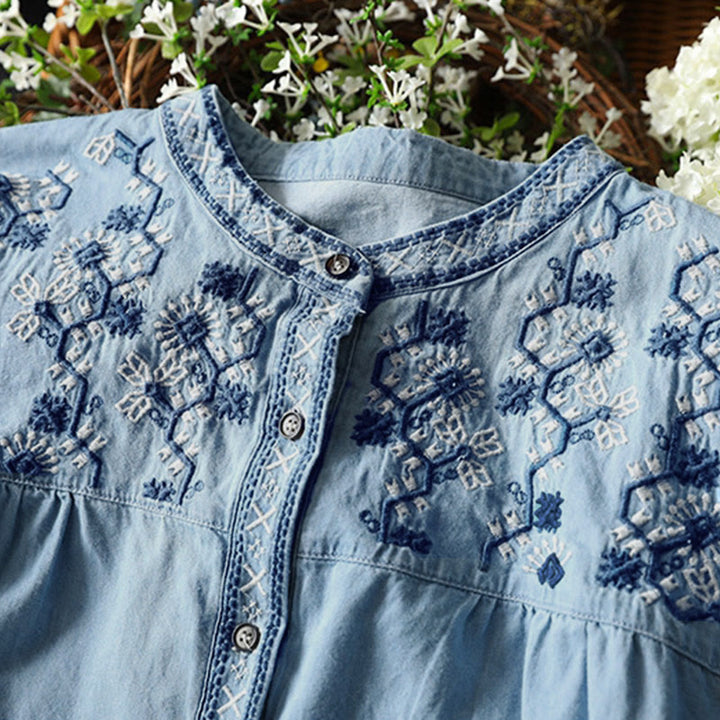 Camisa vaquera de algodón con bordado floral geométrico de Buddha Stones y manga larga con botones para mujer - image 8