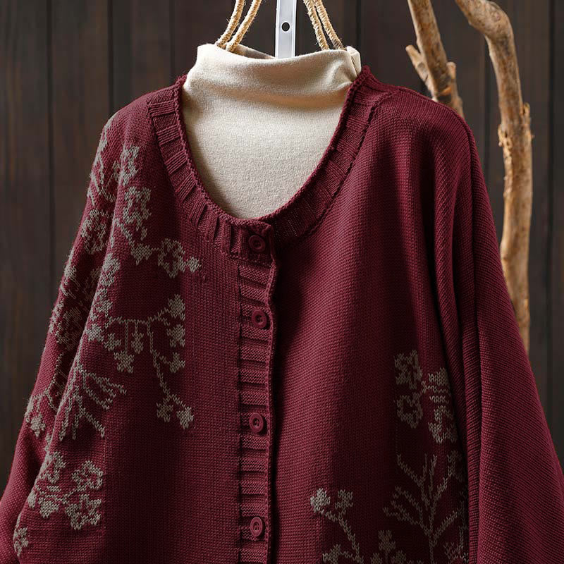 Cárdigan de punto de algodón con mangas largas de murciélago y botones florales de Buddha Stones para mujer - image 1