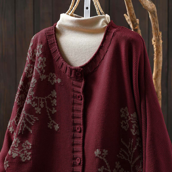 Cárdigan de punto de algodón con mangas largas de murciélago y botones florales de Buddha Stones para mujer - image 1