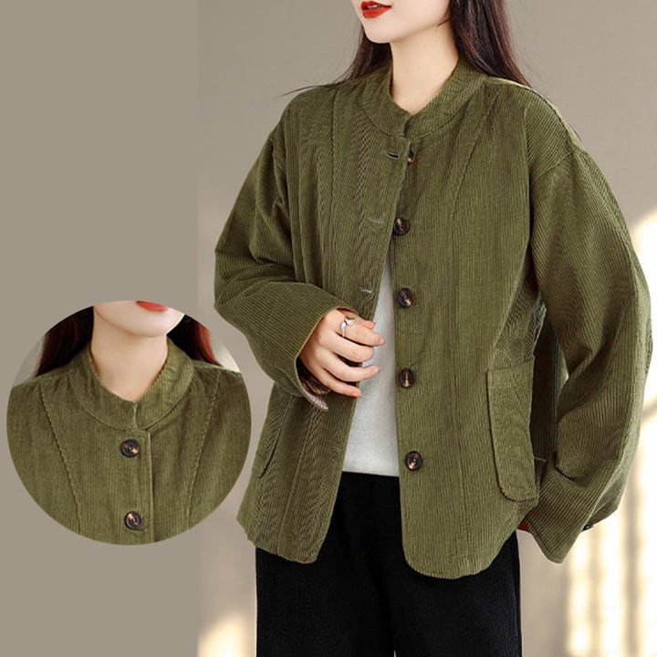 Chaqueta de pana de manga larga para mujer con diseño de botones y Buddha Stones y bolsillos - image 11
