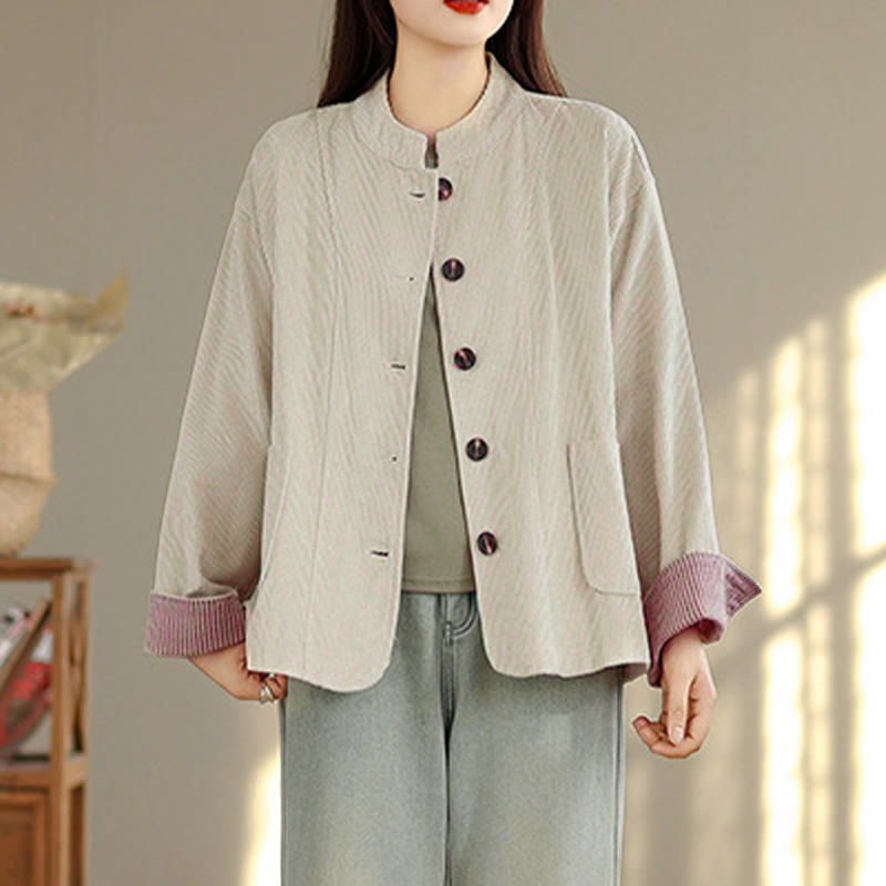 Chaqueta de pana de manga larga para mujer con diseño de botones y Buddha Stones y bolsillos - image 3