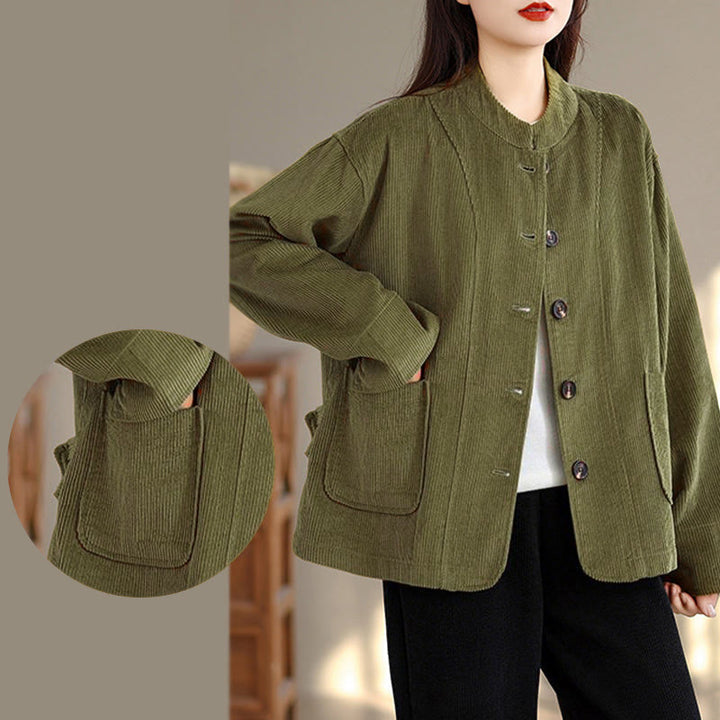 Chaqueta de pana de manga larga para mujer con diseño de botones y Buddha Stones y bolsillos - image 13