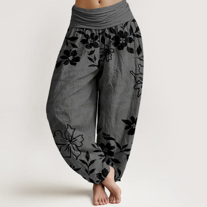 Pantalones Buddha Stones con estampado retro de flores y hojas para mujer, con cintura elástica - Gris oscuro - US16，UK/AU20，EU48 (3XL) - image 5