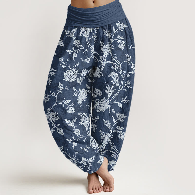 Pantalones Buddha Stones con estampado floral y cobertura total para mujer, con cintura elástica - Azul acero - US16，UK/AU20，EU48 (3XL) - image 0