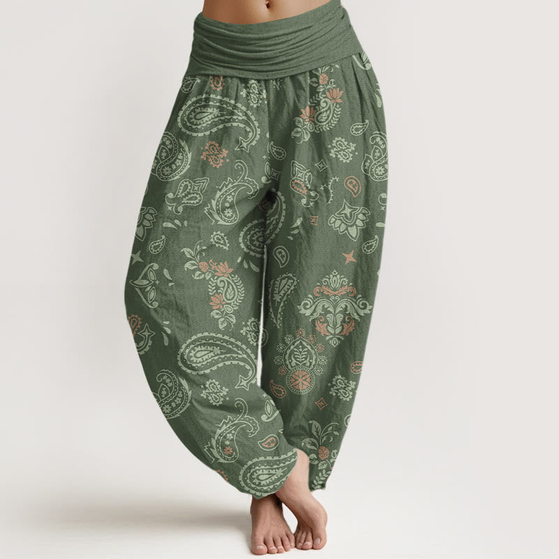 Pantalones harén de algodón con estampado vintage de cachemira y Buddha Stones para mujer con cintura elástica - Verdemar - US16，UK/AU20，EU48 (3XL) - image 0