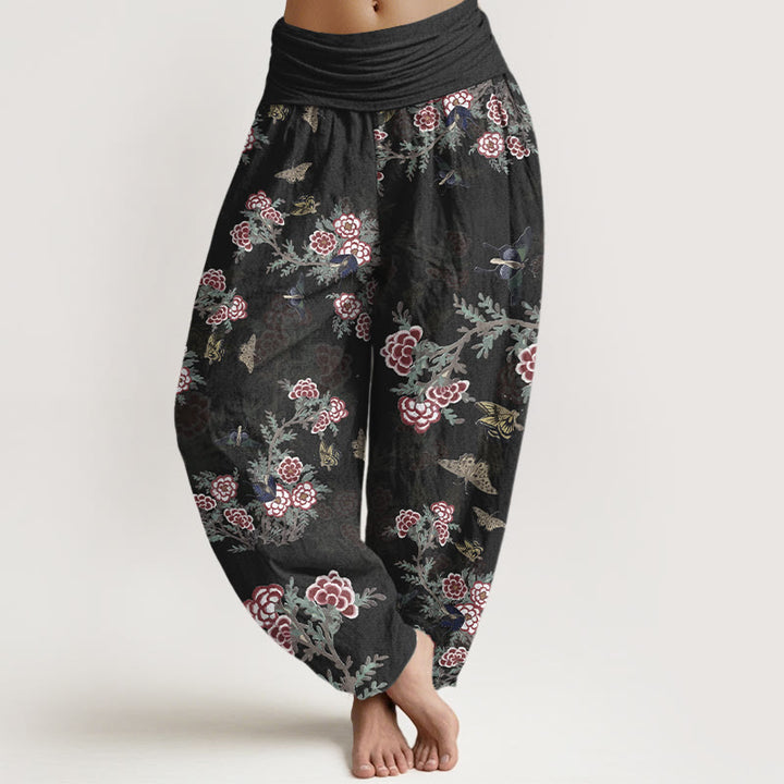Pantalones harén de cintura elástica para mujer con estampado de flores, hojas y mariposas de algodón y Buddha Stones - Negro - US16，UK/AU20，EU48 (3XL) - image 0