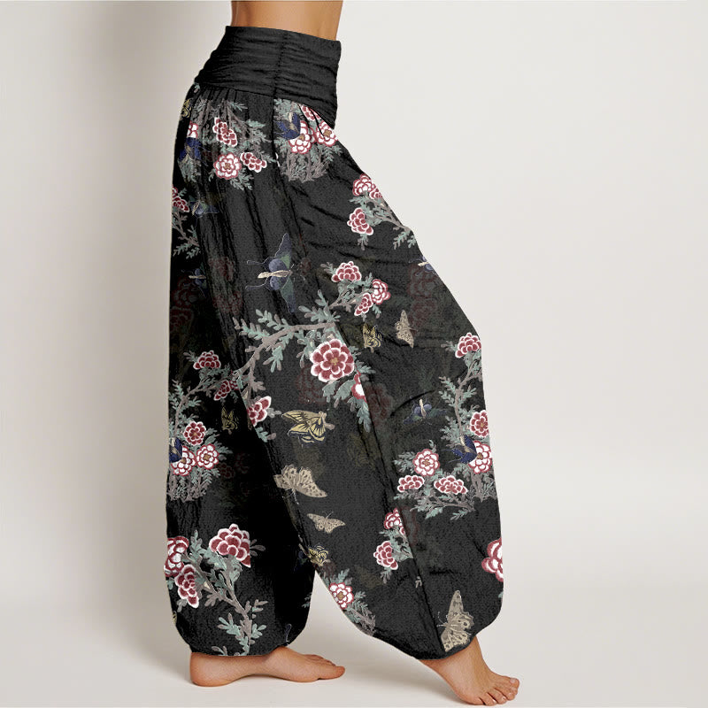 Pantalones harén de cintura elástica para mujer con estampado de flores, hojas y mariposas de algodón y Buddha Stones - image 2
