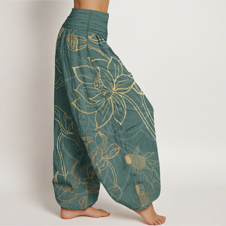 Pantalones bombachos de cintura elástica para mujer con estampado de hojas de loto, peces koi y piedras de Buddha Stones en algodón. - image 1
