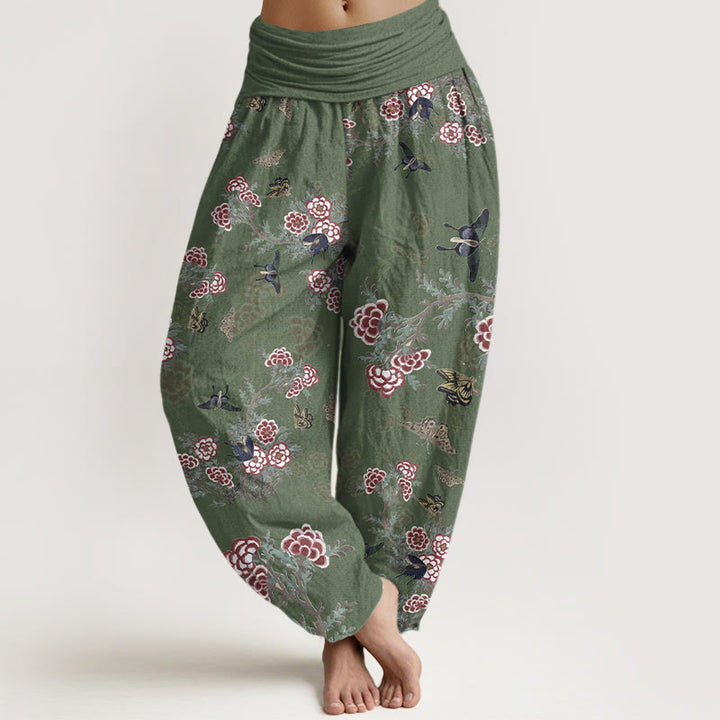 Pantalones harén de cintura elástica para mujer con estampado de flores, hojas y mariposas de algodón y Buddha Stones - Verdemar - US16，UK/AU20，EU48 (3XL) - image 5