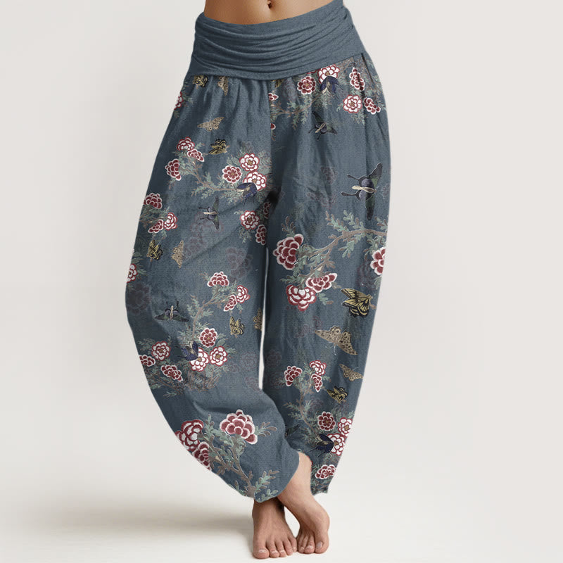 Pantalones harén de cintura elástica para mujer con estampado de flores, hojas y mariposas de algodón y Buddha Stones - Azul pizarra oscuro - US16，UK/AU20，EU48 (3XL) - image 8