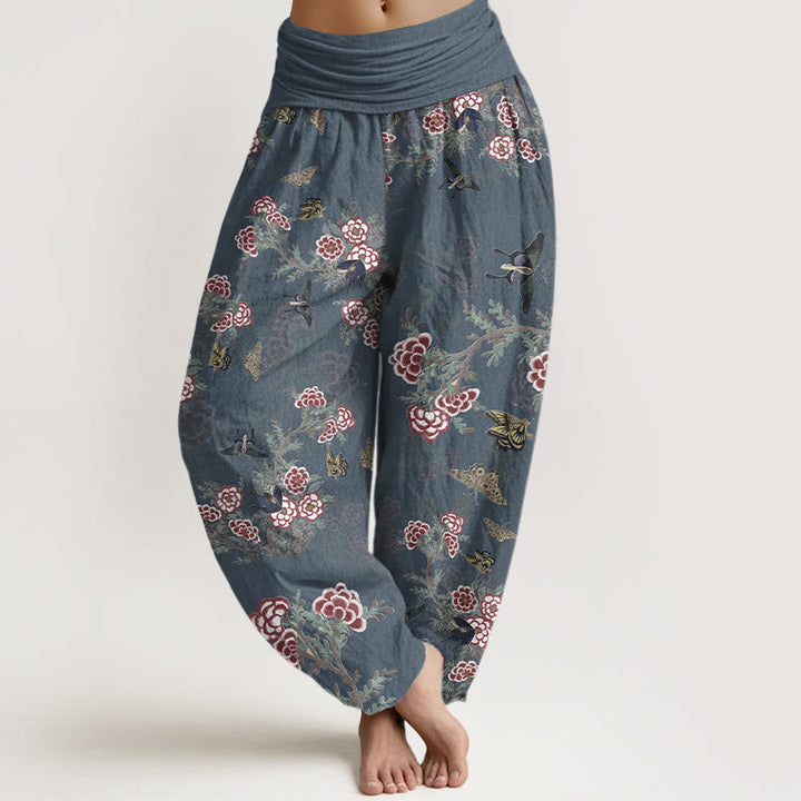 Pantalones harén de cintura elástica para mujer con estampado de flores, hojas y mariposas de algodón y Buddha Stones - Azul pizarra oscuro - US16，UK/AU20，EU48 (3XL) - image 8