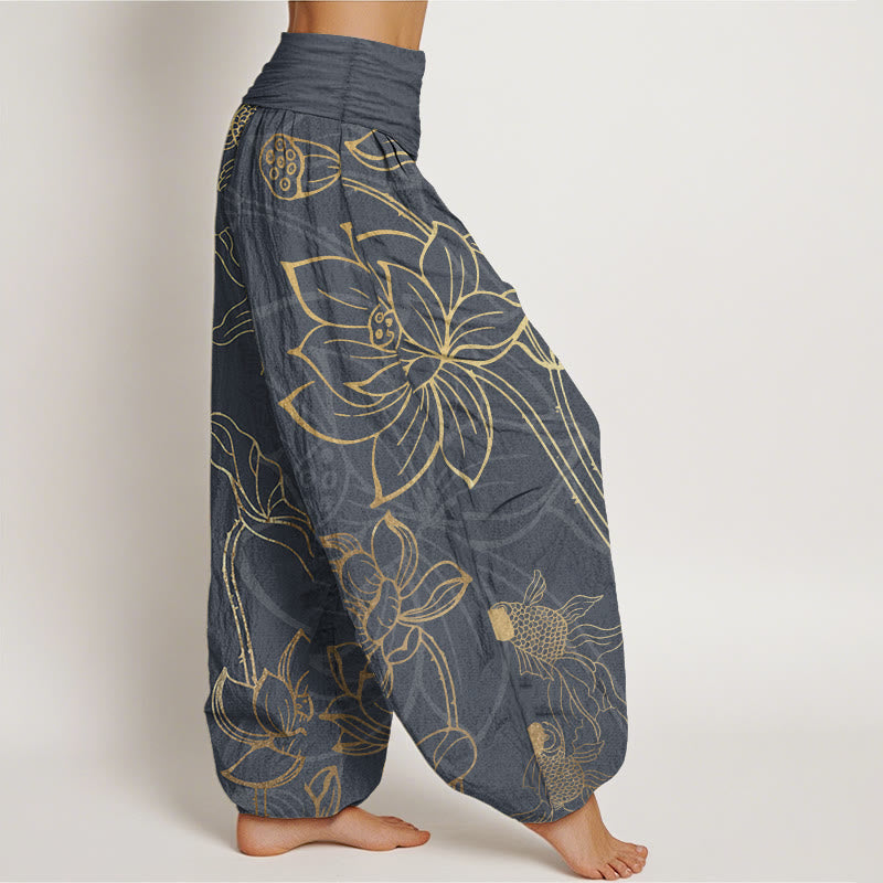 Pantalones bombachos de cintura elástica para mujer con estampado de hojas de loto, peces koi y piedras de Buddha Stones en algodón. - image 5