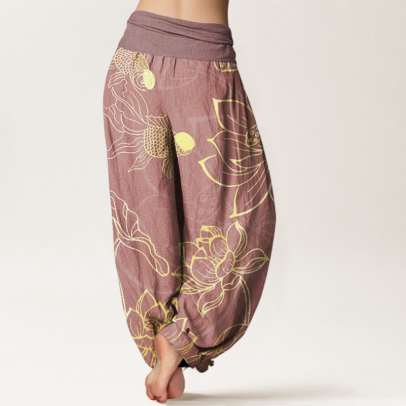Pantalones bombachos de cintura elástica para mujer con estampado de hojas de loto, peces koi y piedras de Buddha Stones en algodón. - image 15
