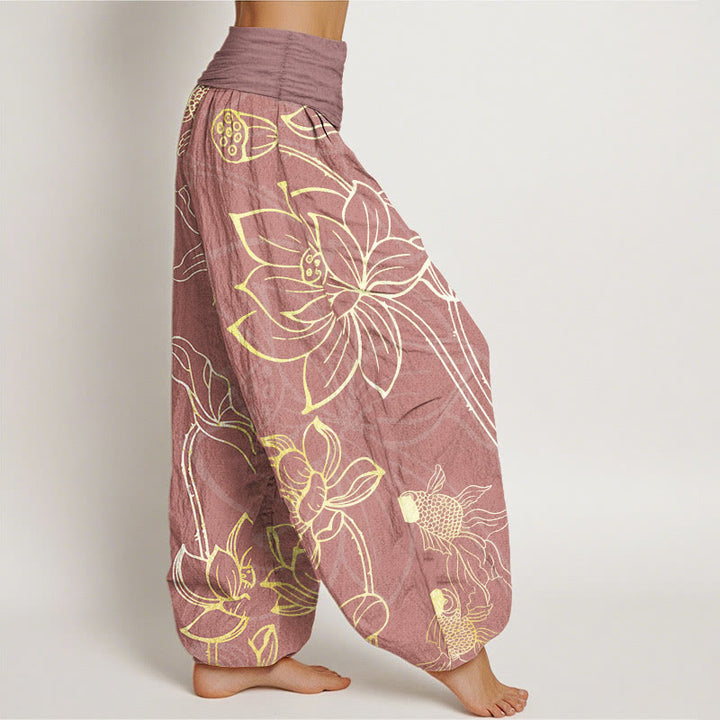 Pantalones bombachos de cintura elástica para mujer con estampado de hojas de loto, peces koi y piedras de Buddha Stones en algodón. - image 14