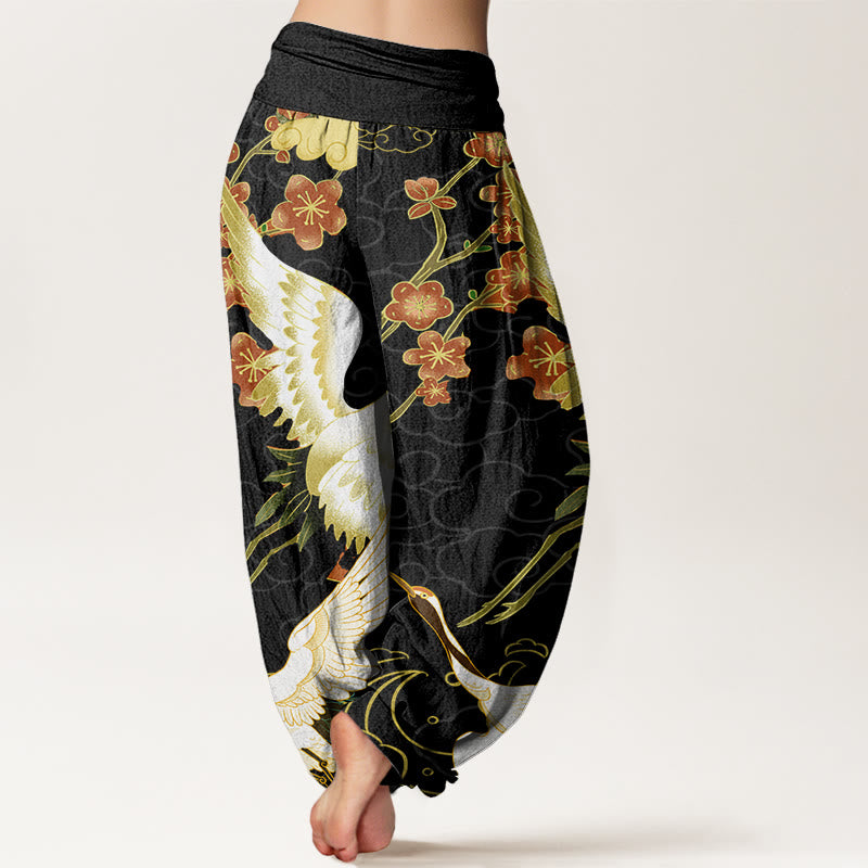 Pantalones Buddha Stones de algodón puro con diseño de grullas, flores y nubes auspiciosas para mujer, con cintura elástica - image 1