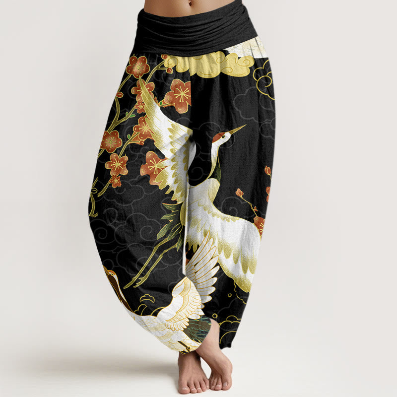 Pantalones Buddha Stones de algodón puro con diseño de grullas, flores y nubes auspiciosas para mujer, con cintura elástica - Negro - US22，UK/AU26，EU54 (6XL) - image 0