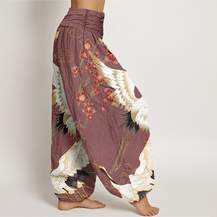 Pantalones Buddha Stones de algodón puro con diseño de grullas, flores y nubes auspiciosas para mujer, con cintura elástica - image 7