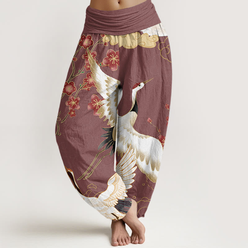 Pantalones Buddha Stones de algodón puro con diseño de grullas, flores y nubes auspiciosas para mujer, con cintura elástica - Violeta pálido rojo - US22，UK/AU26，EU54 (6XL) - image 5