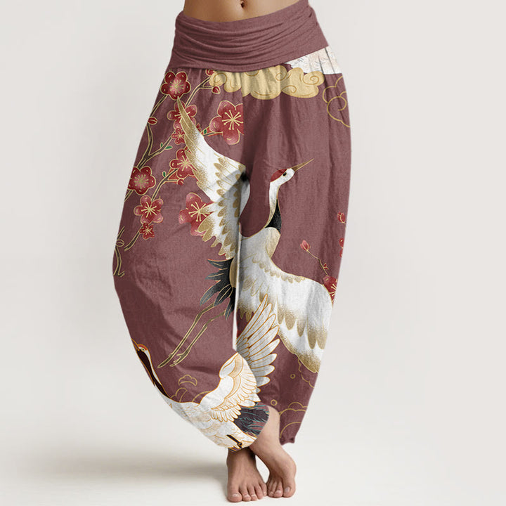Pantalones Buddha Stones de algodón puro con diseño de grullas, flores y nubes auspiciosas para mujer, con cintura elástica - Violeta pálido rojo - US22，UK/AU26，EU54 (6XL) - image 5
