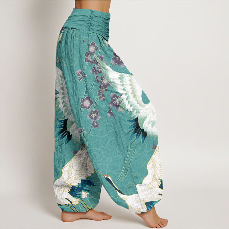 Pantalones Buddha Stones de algodón puro con diseño de grullas, flores y nubes auspiciosas para mujer, con cintura elástica - image 10