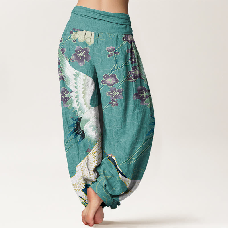 Pantalones Buddha Stones de algodón puro con diseño de grullas, flores y nubes auspiciosas para mujer, con cintura elástica - image 9