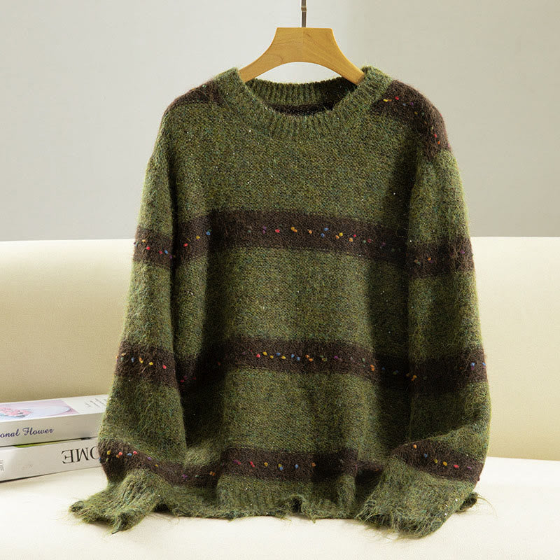 Suéter de algodón para mujer, manga larga, cuello redondo y estampado de rayas invernales con Buddha Stones - Verde oliva - US4, UK/AU8, EU36 (F) - image 0