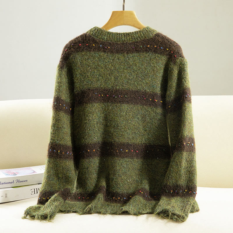 Suéter de algodón para mujer, manga larga, cuello redondo y estampado de rayas invernales con Buddha Stones - image 1