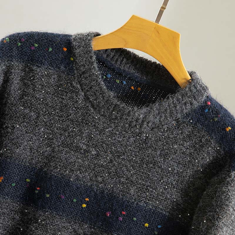Suéter de algodón para mujer, manga larga, cuello redondo y estampado de rayas invernales con Buddha Stones - image 21