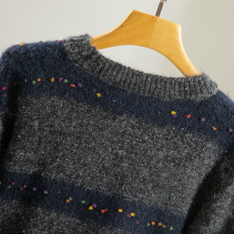 Suéter de algodón para mujer, manga larga, cuello redondo y estampado de rayas invernales con Buddha Stones - image 23