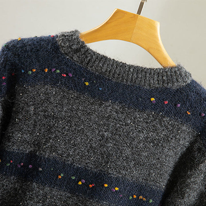 Suéter de algodón para mujer, manga larga, cuello redondo y estampado de rayas invernales con Buddha Stones - image 23