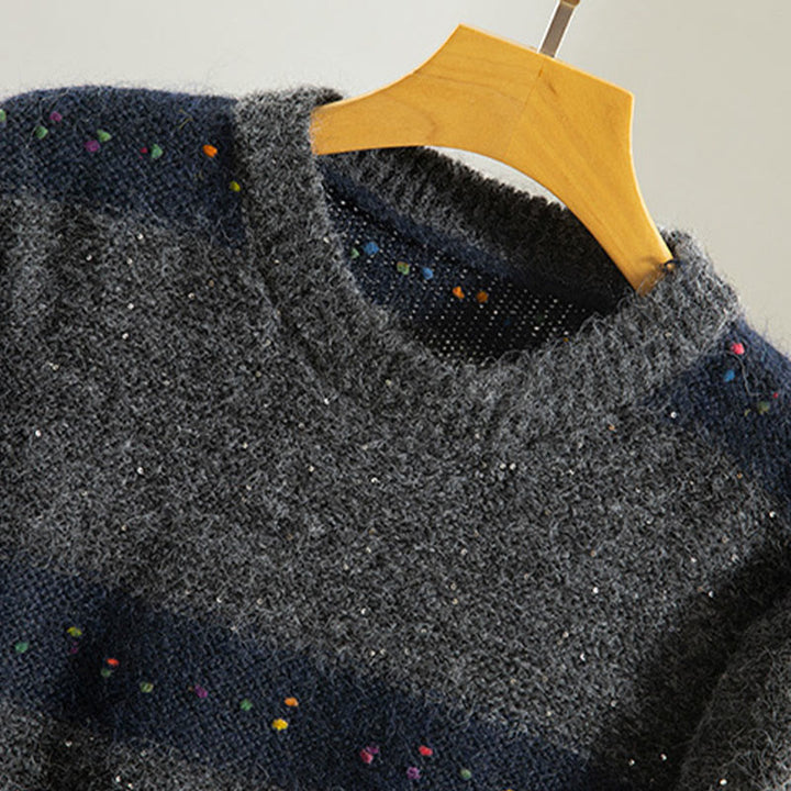 Suéter de algodón para mujer, manga larga, cuello redondo y estampado de rayas invernales con Buddha Stones - image 20