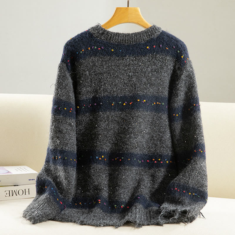 Suéter de algodón para mujer, manga larga, cuello redondo y estampado de rayas invernales con Buddha Stones - image 18