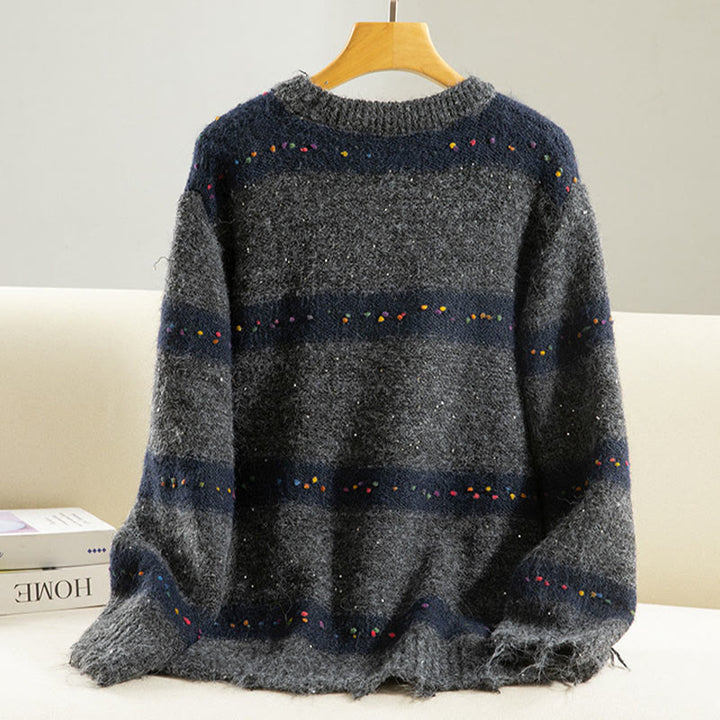 Suéter de algodón para mujer, manga larga, cuello redondo y estampado de rayas invernales con Buddha Stones - image 18