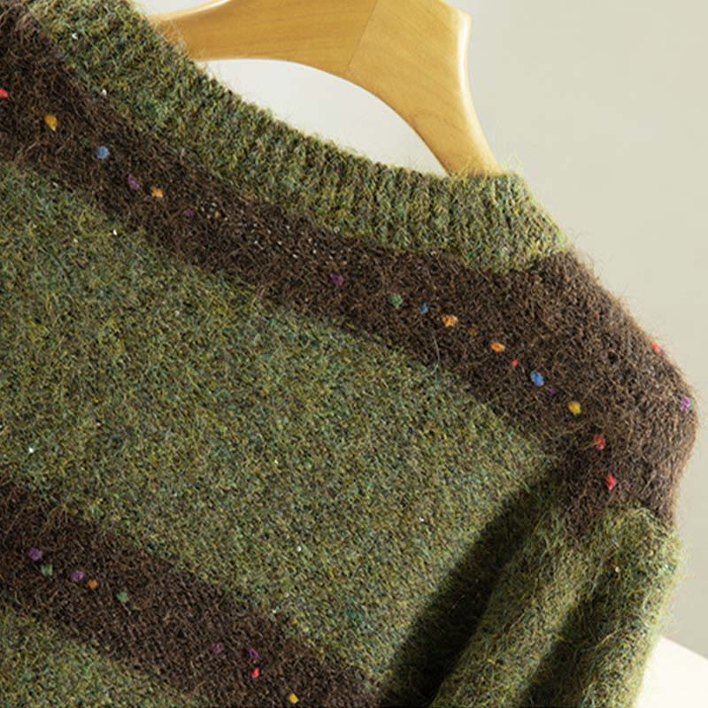 Suéter de algodón para mujer, manga larga, cuello redondo y estampado de rayas invernales con Buddha Stones - image 4