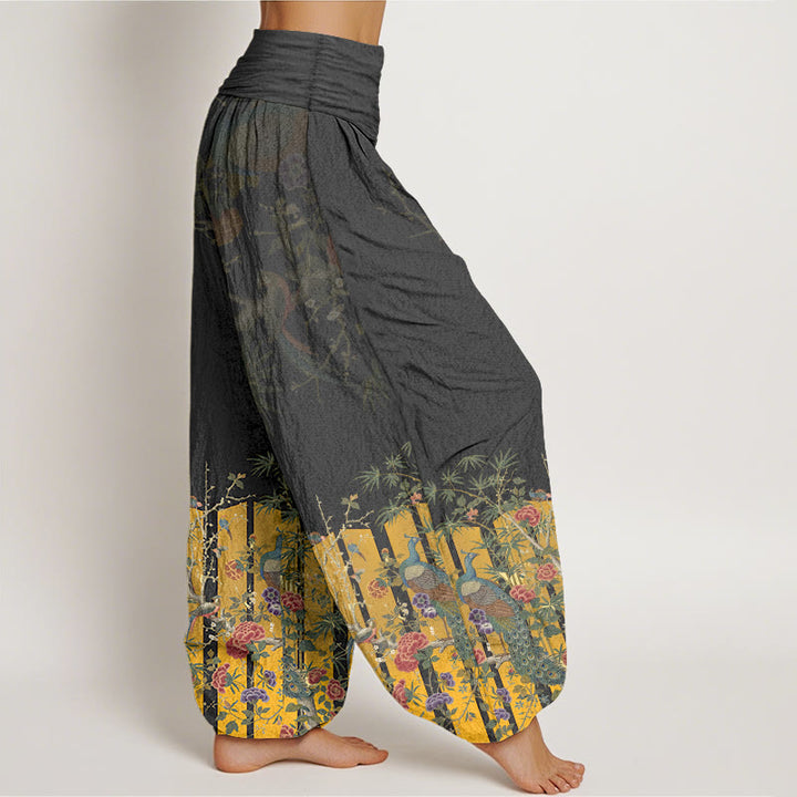 Pantalones Buddha Stones de algodón con estampado de flores de pavo real y cintura elástica para mujer - image 7