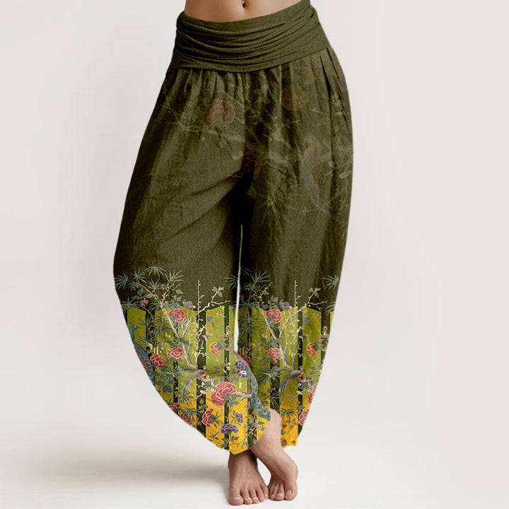 Pantalones Buddha Stones de algodón con estampado de flores de pavo real y cintura elástica para mujer - Aceituna - US16，UK/AU20，EU48 (3XL) - image 8