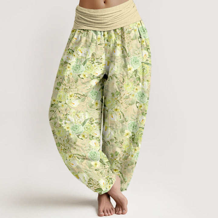 Pantalones harén de algodón con estampado floral pastoral de Buddha Stones para mujer, cintura elástica - LimónChiffon - US16，UK/AU20，EU48 (3XL) - image 0