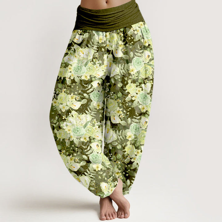 Pantalones harén de algodón con estampado floral pastoral de Buddha Stones para mujer, cintura elástica - Aceituna - US16，UK/AU20，EU48 (3XL) - image 5