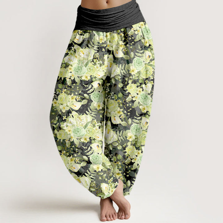 Pantalones harén de algodón con estampado floral pastoral de Buddha Stones para mujer, cintura elástica - Negro - US16，UK/AU20，EU48 (3XL) - image 8