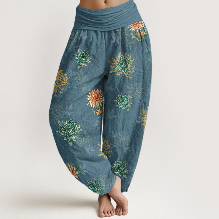 Pantalones harén de algodón con estampado de crisantemo y Buddha Stones para mujer, cintura elástica, varios colores - Cadete Azul - US16，UK/AU20，EU48 (3XL) - image 0