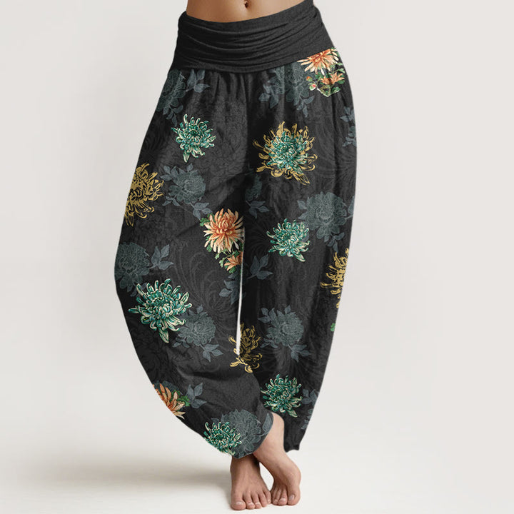 Pantalones harén de algodón con estampado de crisantemo y Buddha Stones para mujer, cintura elástica, varios colores - Negro - US16，UK/AU20，EU48 (3XL) - image 5